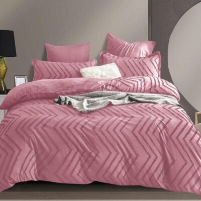 Lenjerie pat, Velvet Jacquard, Grofat, 6 Piese, Linii, Roz, HR24269