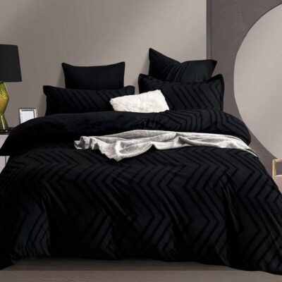 Lenjerie pat, Velvet Jacquard, Grofat, 6 Piese, Linii, Negru, HR24270
