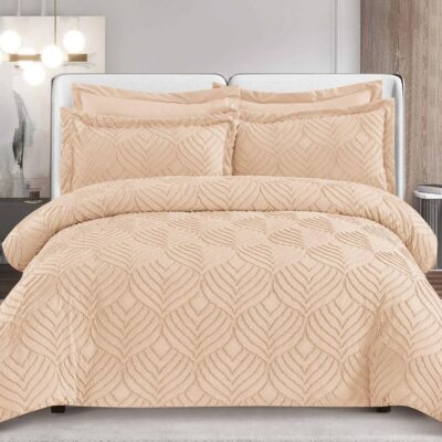 Lenjerie pat, Velvet Jacquard, Grofat, 6 Piese, Frunze, Crem, HR24272