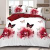 Lenjerie Pat Dublu, 4 Piese, Bumbac Satinat, Trandafiri Si Fluturi, Rosu/Alb, PT24035-Elastic