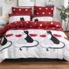 Lenjerie Pat Dublu, 4 Piese, Bumbac Satinat, Pisicute Si Inimioare, Rosu/Alb, PT24346-Elastic