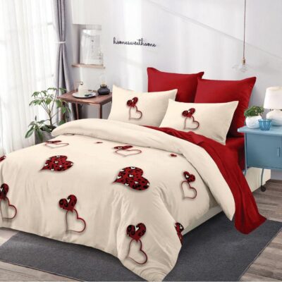 Lenjerie de pat, Bumbac Finet, 6 Piese, Inimioare, Crem/Rosu, C244035