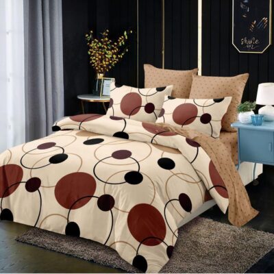 Lenjerie de pat, Bumbac Finet, 6 Piese, Cercuri, Alb/Maro, C24388