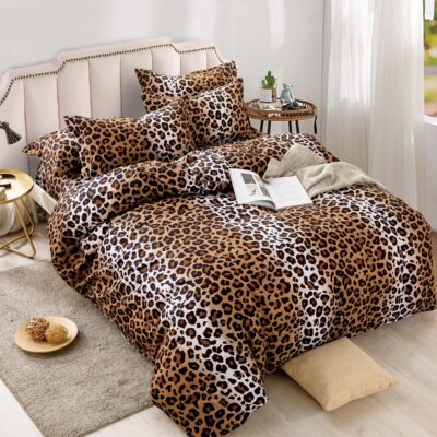 Lenjerie pat dublu cu Elastic, 6 PIESE, Bumbac Finet, Leopard, Maro, J244058-ELASTIC