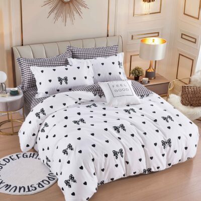 Lenjerie Pat Dublu, 6 Piese, Bumbac Finet, Fundite, Alb/Negru, J244044